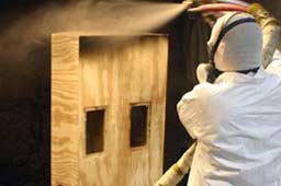 Worker spraying wood cabinet